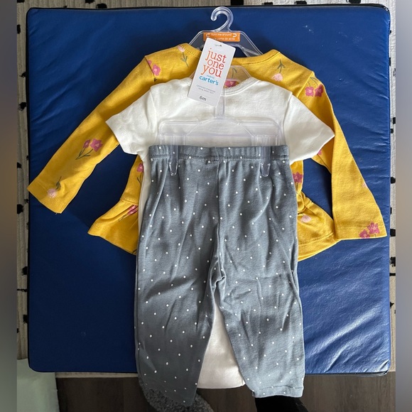 3pcs NWT Carters Girls 6m Golden flower Top Adored Onesie Grey Polka Dot Pants - Picture 8 of 8